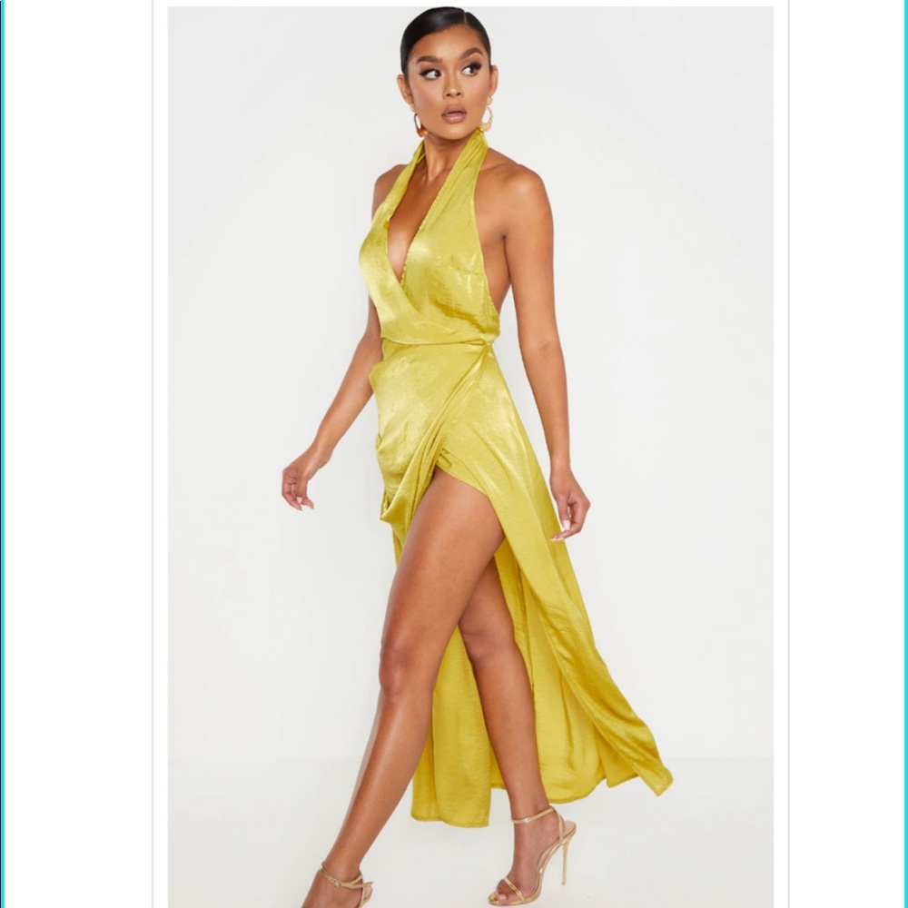 Light Lime Hammered Satin Halterneck Maxi Dress